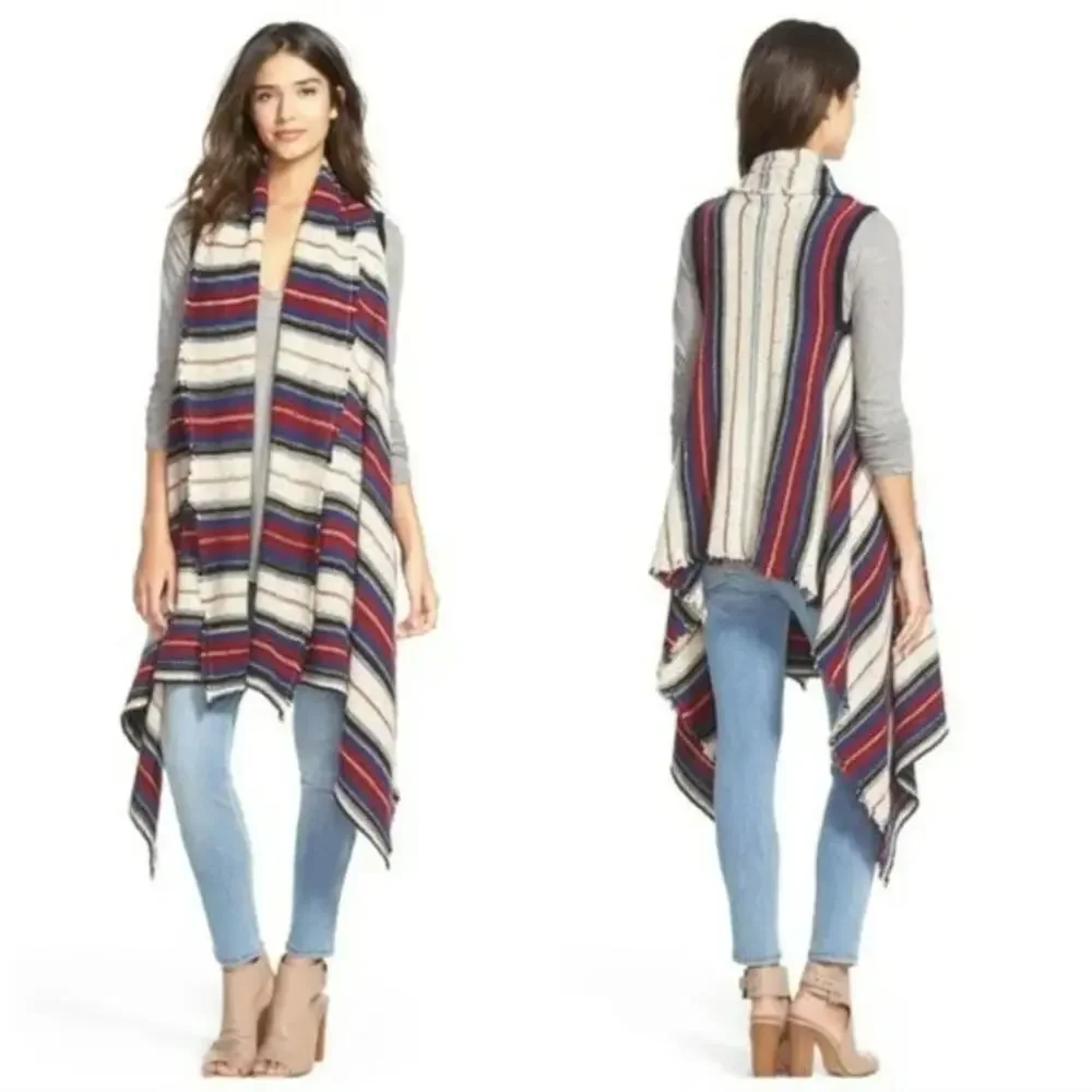 Sam Edelman Stripe Southwestern Elsie Vest Waterfall Hem Shawl Size Small Boho